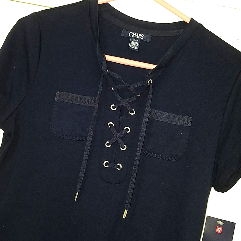 Chaps Lace Up Short Sleeve Knit Top NWT Navy S